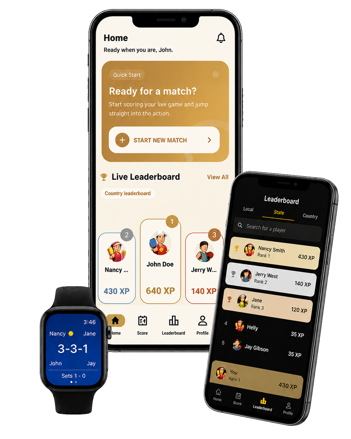DarkHorseIQ app shown across phone and watch devices