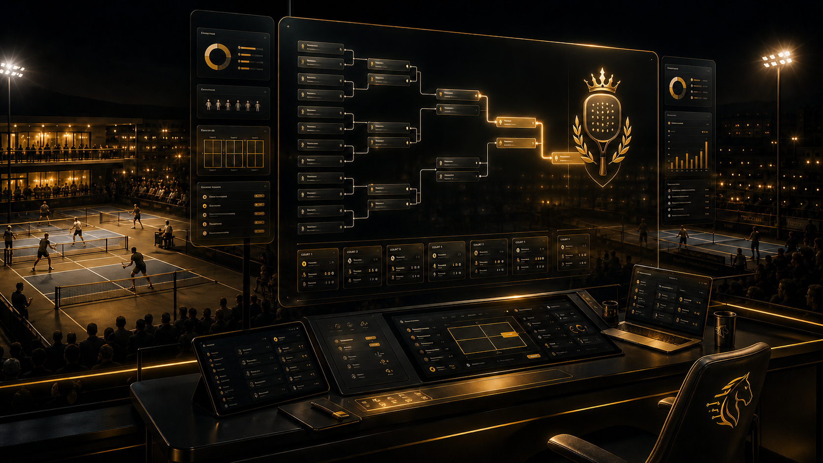 DarkHorseIQ tournament organizer command center with live brackets, court assignments, and match operations