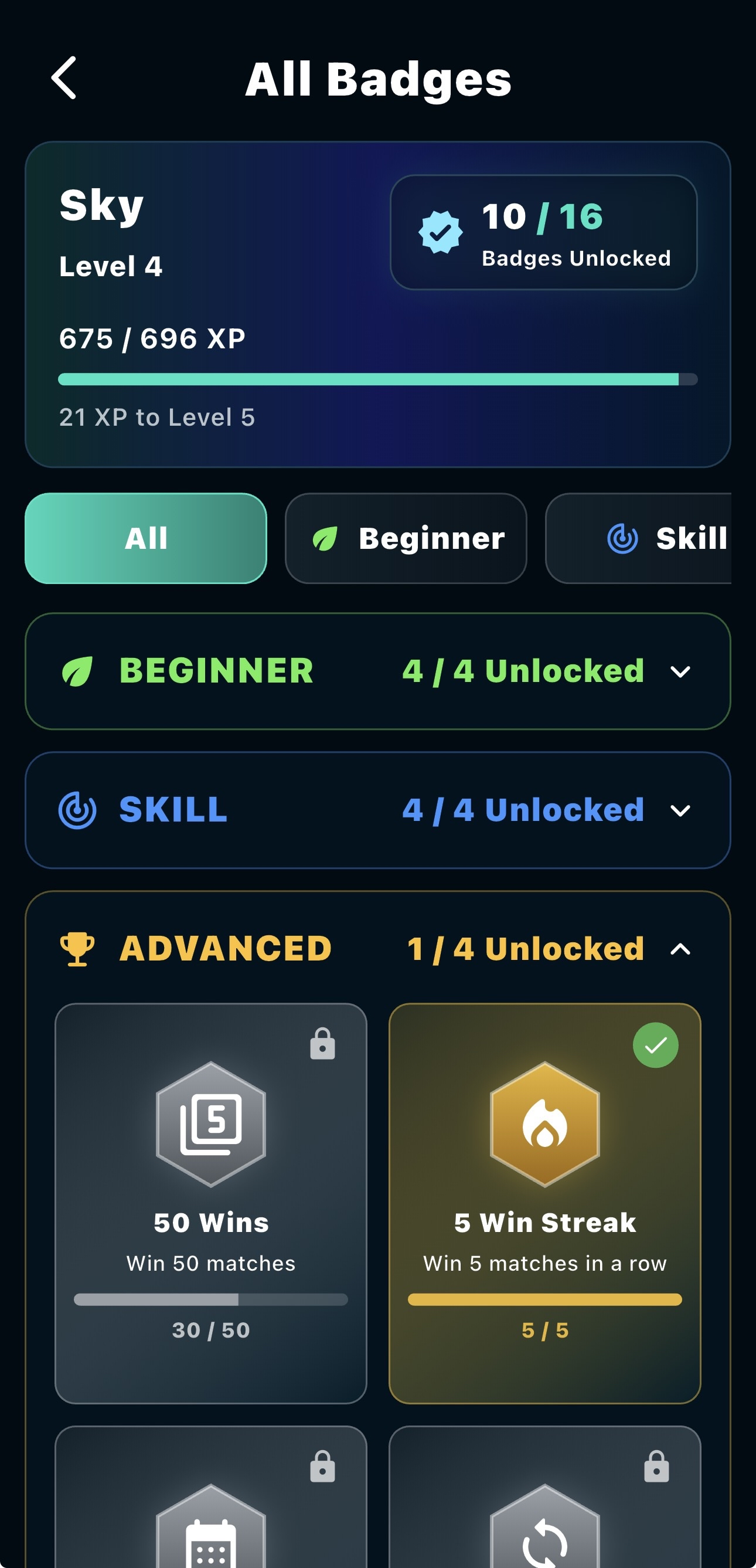 DarkHorseIQ badge screen showing beginner, skill, and advanced badges