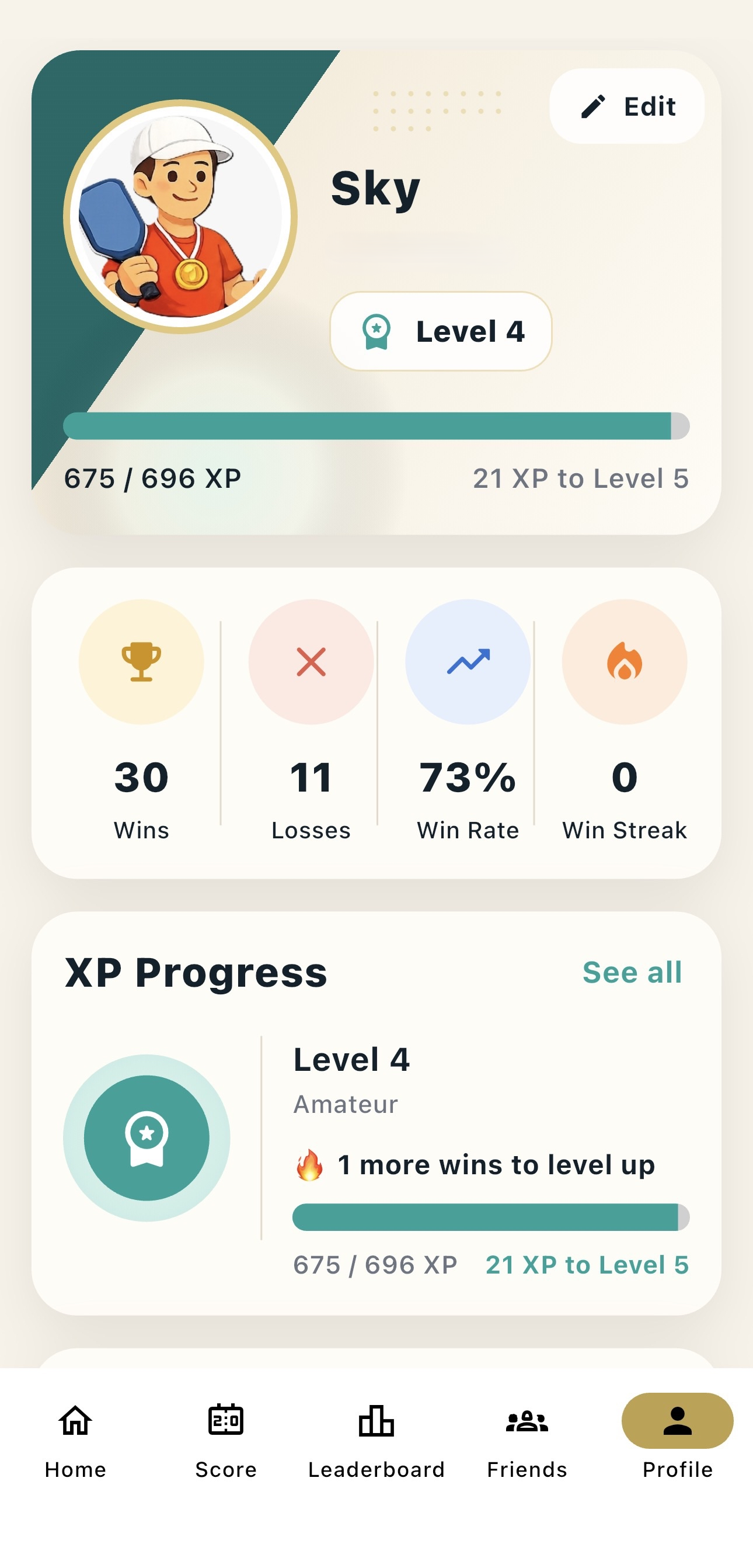 DarkHorseIQ profile screen showing player stats and XP progress