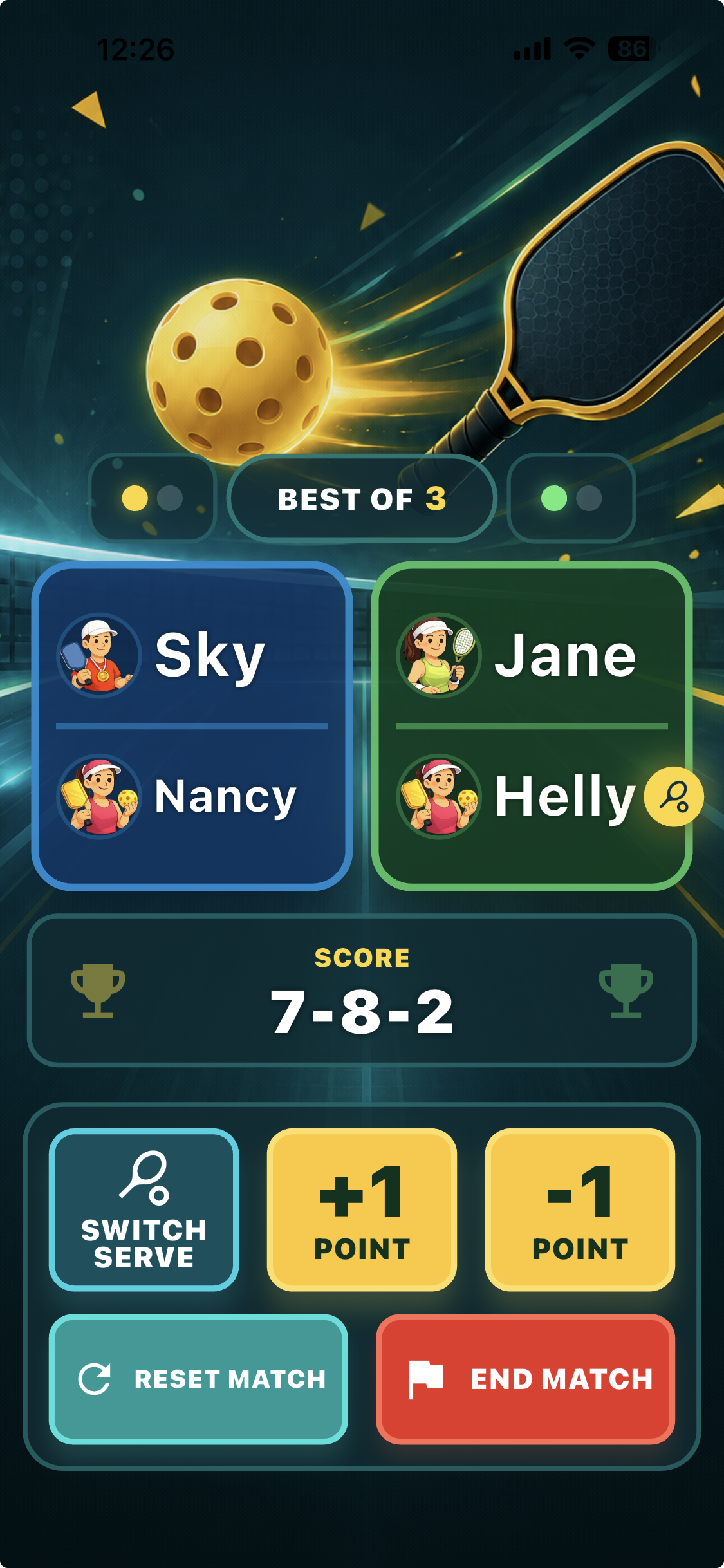 DarkHorseIQ live scoring screen with match teams, score, and point controls