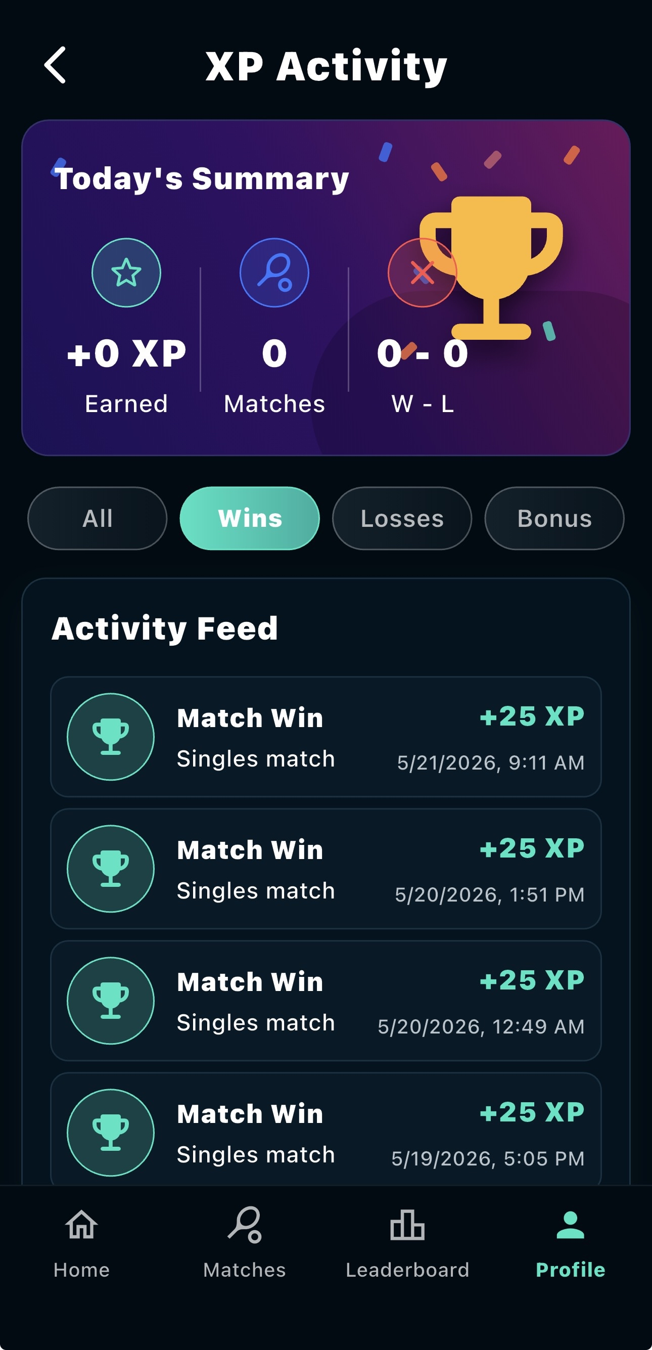 DarkHorseIQ XP activity screen showing match wins and XP gains